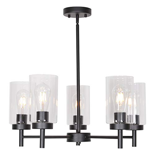 VINLUZ 5 Light Contemporary Chandeliers Black Modern Lighting Fixtures Hanging,Industrial Vintage Pendant Lights with Clear Glass Shade Flush Mount Ceiling Light for Dining Room Bedroom