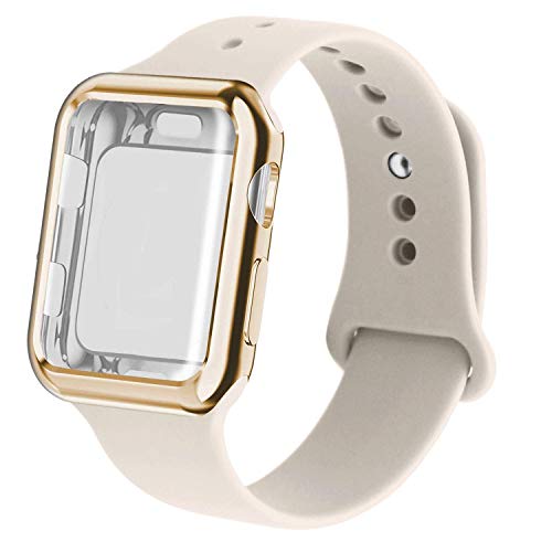 RUOQINI Smartwatch Band with Case Compatiable for Apple Watch Band, Silicone Sport Band and TPU Case for Series 4/3/2/1,Stone Band with Gold Case in 38SM Size