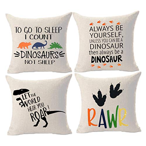 Book Cover Set of 4 to Go to Sleep I Count Dinosaurs Alwasys Be Yourself Rawr Cotton Linen Throw Pillow Cushion Sofa Decorative Square 18x18 inch Decorative Pillow Wedding Birthday