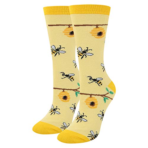 Women Girls Funny Novelty Busy Bees Honeycomb Bugs Crew Cotton Socks in Yellow