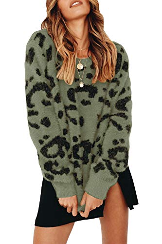 Saodimallsu Womens Leopard Crewneck Sweater Oversized Casual Loose Basic Sherpa Pullover Knit Jumper