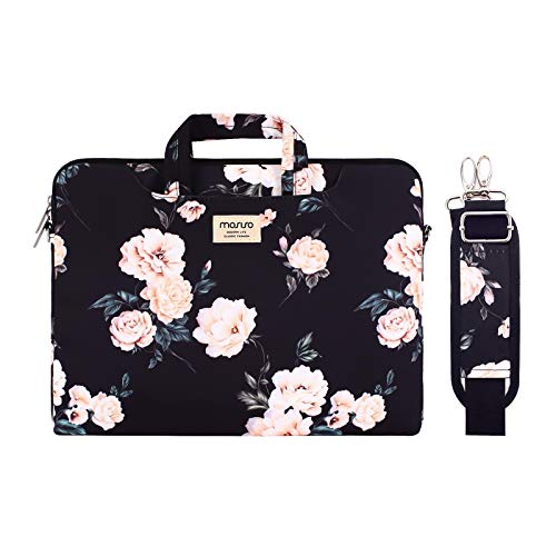 MOSISO Laptop Shoulder Bag Compatible with MacBook Pro/Air 13 inch, 13-13.3 inch Notebook Computer, Camellia Carrying Briefcase Sleeve with Trolley Belt, Black