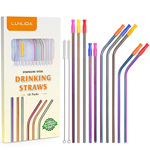 Colorful Metal Straws Set of 10, Reusable Stainless Steel Drinking Straws with Silicone Tips for 20 30 OZ Yeti Tumbler, RTIC, Tervis, Ozark Trail, Starbucks, Mason Jar (5 Straight+5 Bent+2 Brushes)