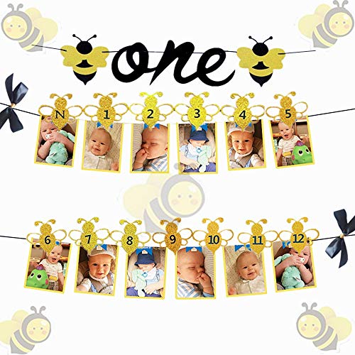 JeVenis Set of 2 Bumble Bee Monthly Photo Banner First Year Photo Banner First Birthday Photo Banner 12 Month Bee Photo Banner for First Birthday Decoration 1st birthday decoration