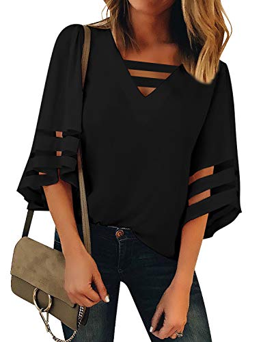 Book Cover LookbookStore Women's Casual V Neck Mesh Panel Blouse Tops 3/4 Bell Sleeve Shirt