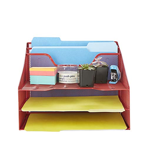 Mind Reader MESHBOX5-RED Organizer 5 Desktop Document Letter Tray for Folders, Mail, Stationary, Desk Accessories, Red
