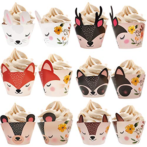 Bestus Woodland Animals Creatures Cupcake Wrappers 24 pcs for Baby Shower Decorations, great for Neutral, Tribal, Wooden, Wild One Birthday Party Themes