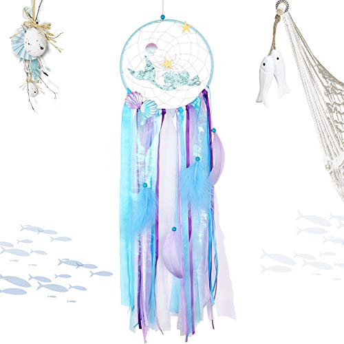 Book Cover OurWarm Mermaid Dream Catcher Handmade Purple Blue Dream Catchers for Kids Bedroom Wall Hanging Decor Mermaid Baby Shower Under The Sea Birthday Party Decorations