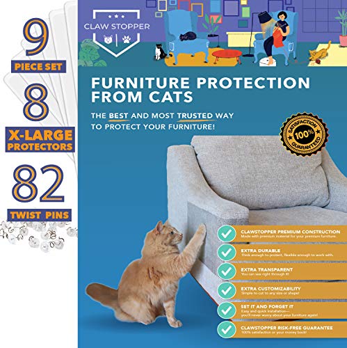 Claw Stopper (9 Piece Set) Furniture Protection Kit - Includes 8 X-Large Scratch Guard Sheets and 82 Specialized Pins - Easy to Install, Compatible with Sofas, Chairs and Couches - Pet-Safe Vinyl