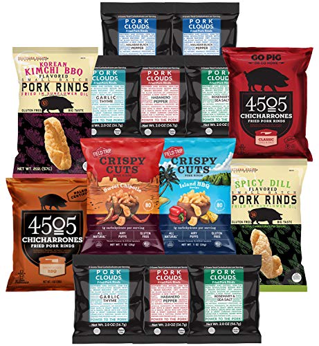 Keto Pork Rinds Variety Snack Pack Bundle (14 Count) - Low Carb Food Friendly Snacks - Ketogenic, Paleo, High Protein, Chicharrones, Pork Clouds, Southern Recipe, Chips, Rind - Many Flavors Gift Box