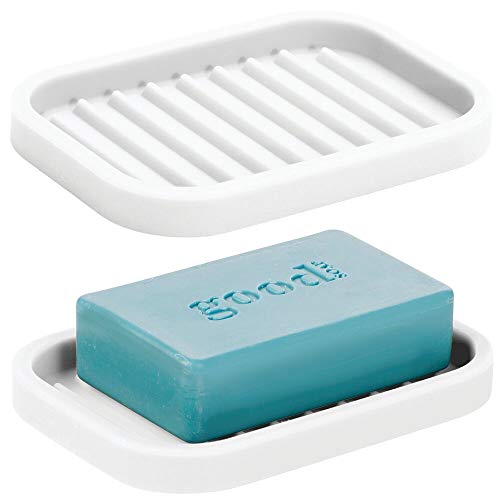 mDesign Silicone Kitchen Sink Storage Organizer Holder Tray for Sponges, Soaps, Scrubbers - Ribbed Base, Quick Drying, Waterproof, Non-Slip, Durable, Heat Resistant - 2 Pack - White