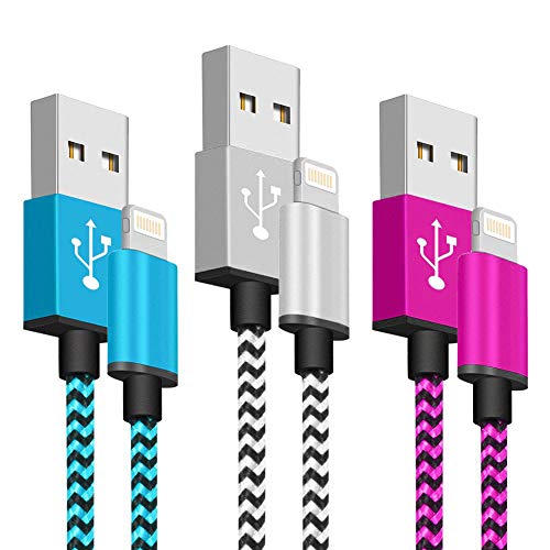 SyncTech Phone Charger Fast Charging Cable 6FT 3 Pack Nylon Braided High Speed Charging Cord USB Compatible with Phone XS MAX XR X 8 8 Plus 7 7 Plus 6s 6s Plus 6 6 Plus (3.) Blue, White, Pink