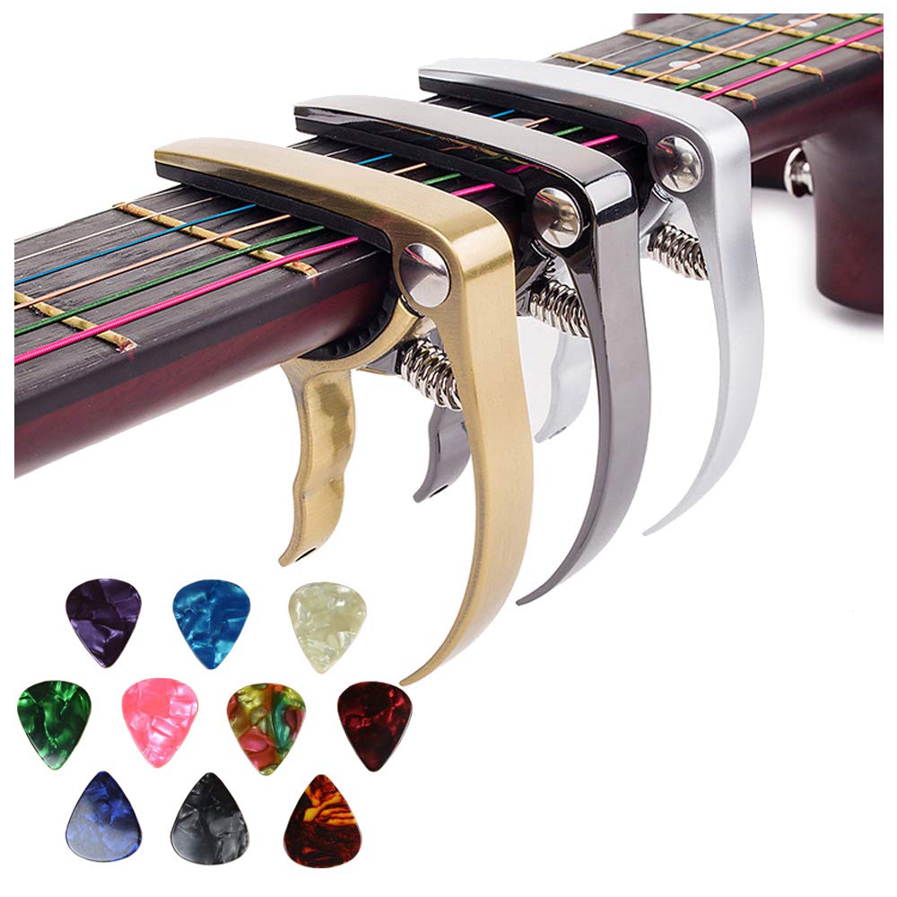 WZT Guitar Picks Guitar Capo Acoustic Guitar Accessories Trigger Capo Key Clamp Black With Guitar Picks Guitar Capo, 3 Pack Universal Capo for Acoustic, Classical, 10 Pack Guitar Picks,Electirc Guitar