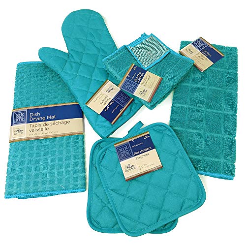 Book Cover Kitchen Towel Set with 2 Quilted Pot Holders, Oven Mitt, Dish Towel, Dish Drying Mat, 2 Microfiber Scrubbing Dishcloths (Turquoise)