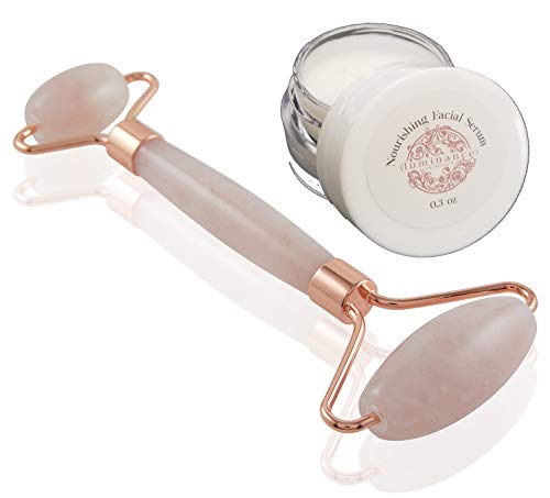 Rosette Rose Quartz Facial Roller for Face and Skin Â· Natural, Crystal Roller for Facial Massage & Skincare Â· Premium Rose Quartz Stone Two Part RollerÂ· Free Sample of Luminance Facial Serum