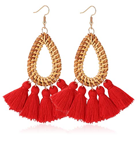 Adramata Rattan Tassel Earrings for Women Bohemian Handmade Woven Drop Dangle Earrings