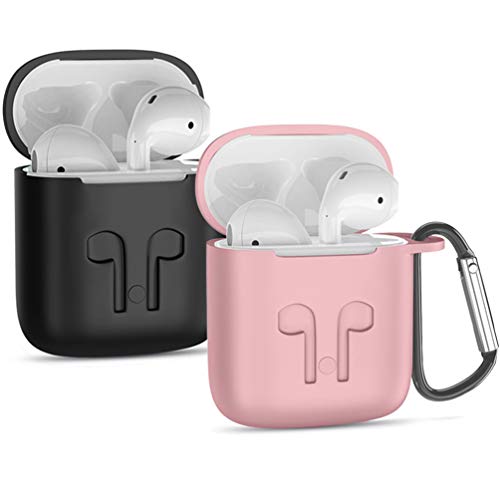 HQzon Case Cover Compatible with AirPods 2 & 1 Charging Case, Soft Silicone Shockproof Protective Skin Accessories with Keychain(Pink&Black)