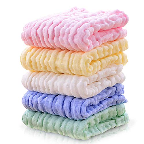 Premium Baby Washcloths and Towels for Sensitive Skin, 100% Organic Cotton Muslin Baby Burp Cloths, Baby Shower Towels, 5 Pack 10 x 20 inch,6 Layers Extra Absorbent Organic Cloth Diapers