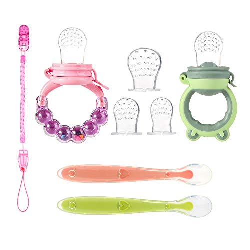 Baby Food Feeder Set Silicone Fruit Rattle Feeders Pacifier Infant Teething (Pink)