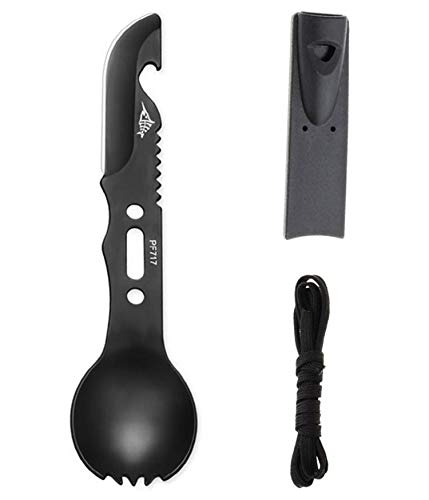 Triumphic Tactical Spork (Spoon Fork Knife),Multipurpose Camping Flatware with Bottle Opener/Whistle,Healthy Stainless Steel,Great Hiking Gear for Camping/Backpacking (Black with Black Sheath)