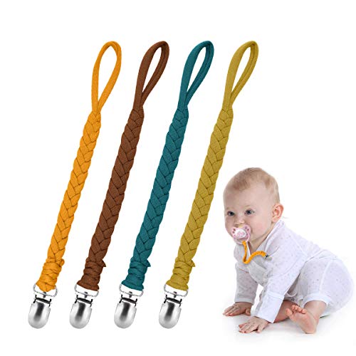Kapihouse Pacifier Clips for Boys and Girls, Baby Holder Leash, Teething Toy or Soothie by Hand-Made Braided(4 Pack, Color G) â€¦