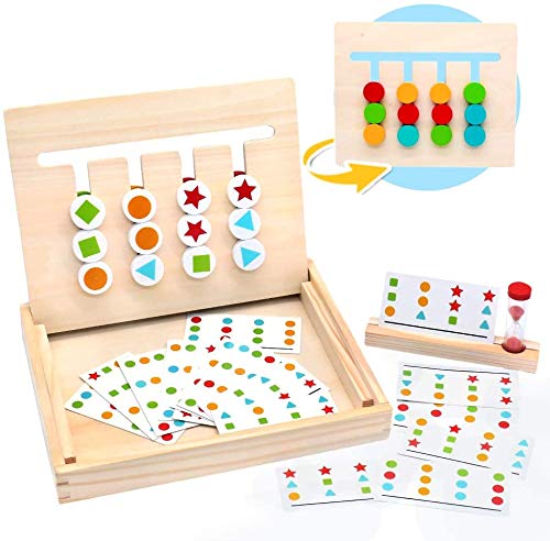 Fajiabao Montessori Toys Color Shape Sorting Logic Game Puzzle Educational Learning Wooden Toys Match Board Games Sand Timer Maze Slide Family Game Autism Toy Birthday Gifts for Boys Girls Kids