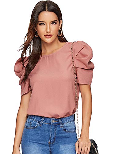 Floerns Women's Round Neck Short Puff Sleeve Keyhole Back Blouse Tops