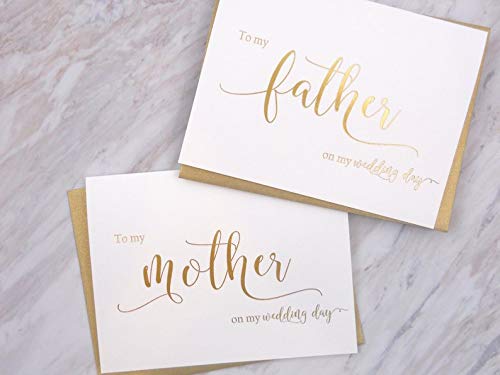 Set of 2 Gold Foil Wedding Day Cards with Gold Shimmer Envelopes, To My Mother on my Wedding Day Card, To My Father on my Wedding Day Card