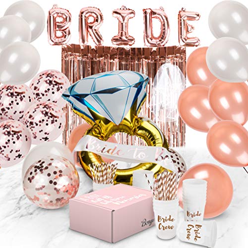 Bachelorette Party Decorations | Bridal Shower Supplies Kit - Bride to Be Sash, Cups, Straws, Veil, Banner, Balloons, Rose Gold Curtains & Decor Accessories