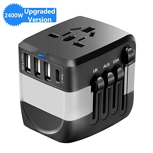 Universal Travel Adapter, 2400W International Power Adapter, European Adapter Worldwide All in One Plug Adaptor with 1 USB C + 3 USB for High Power Appliances for EU,UK,US,AUS,Over 200 Countries,Grey