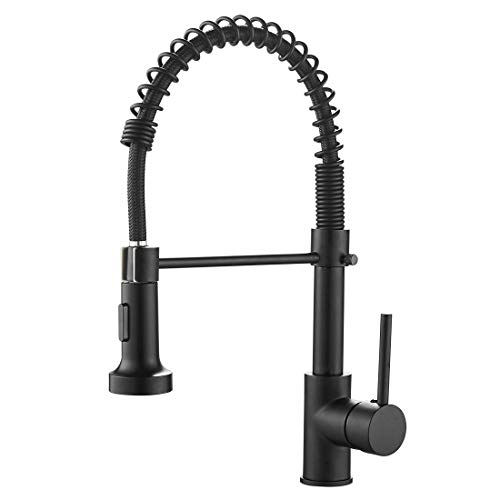 Book Cover OWOFAN Lead-Free Commercial Solid Brass Single Handle Single Lever Pull Down Sprayer Spring Kitchen Sink Faucet, Paint Black Kitchen Faucets 9009R-A