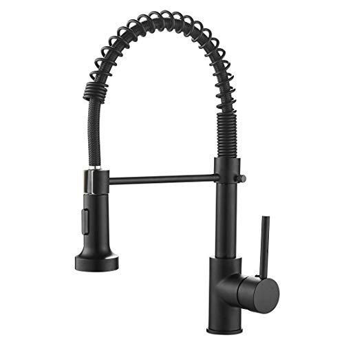 OWOFAN Lead-Free Commercial Solid Brass Single Handle Single Lever Pull Down Sprayer Spring Kitchen Sink Faucet, Paint Black Kitchen Faucets 9009R-A
