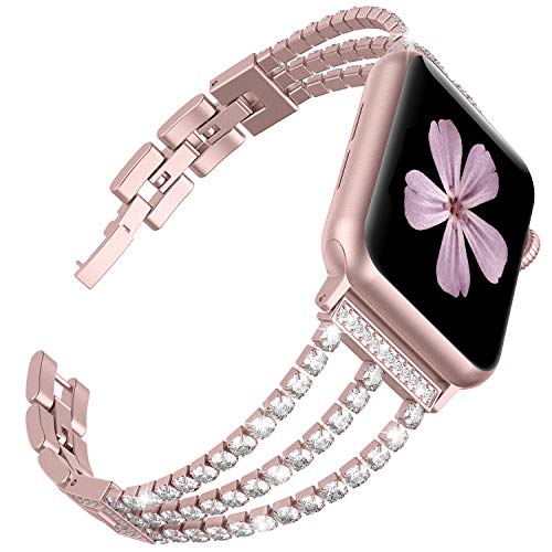 Book Cover TOYOUTHS Compatible with Apple Watch Band Rose Gold Dressy Bling Jewelry Stainless Steel Wristband Bracelet Sparkle Strap iWatch bands 40mm womens SeriesSE 6 5 4 3 2 1 38 mm