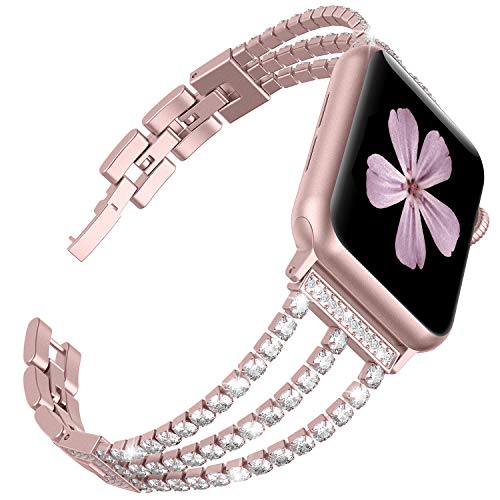 TOYOUTHS Compatible with Apple Watch Band Rose Gold Dressy Bling Jewelry Stainless Steel Wristband Bracelet Sparkle Strap iWatch bands 40mm womens SeriesSE 6 5 4 3 2 1 38 mm