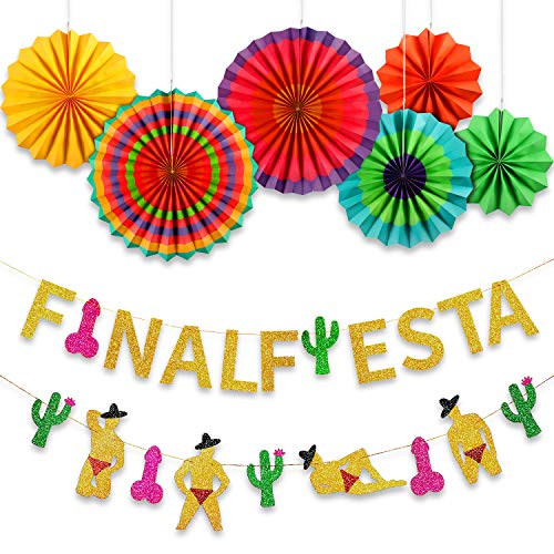 Fiesta Themed Party Decorations Set, include Final Fiesta Banner, Glittery Cactus Pattern Garland, Fiesta Paper Fans for Party Supplies