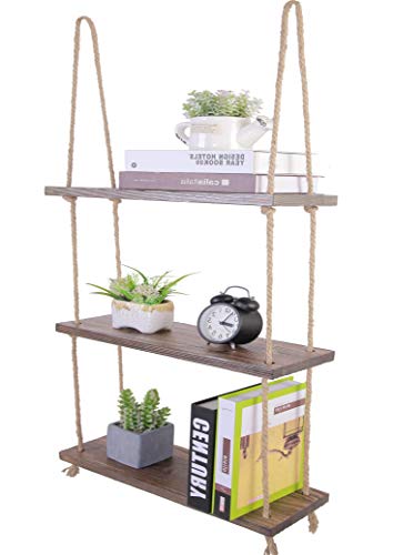 Rustic Rope Hanging Shelves for Wall Wood Window Plant Shelf Indoor 3 Tier Light Brown