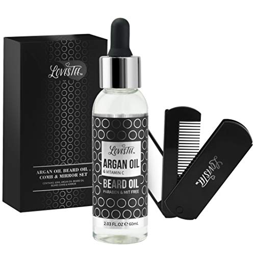 Beard Grooming Kit 3-Piece Bundle Includes Real Argan Beard Oil + Beard Comb + Mirror, Excellent Balm for Beard Growth, Softener and Aftershave Beard Care Set is the Ultimate Gift for Men