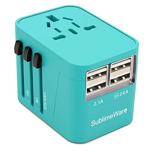 Book Cover Power Plug Adapter (Turquoise) - International Travel - w/4 USB Ports Work for 150+ Countries - 220 Volt Adapter - Travel Adapter Type C Type A Type G Type I for UK Japan China EU Europe European