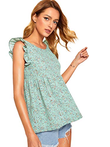 Romwe Women's Ditsy Floral Top Ruffle Sleeveless Tie Back Blouse