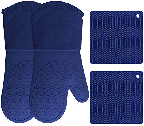 HOMWE Silicone Oven Mitts and Pot Holders, 4-Piece Set, Heavy Duty Cooking Gloves, Kitchen Counter Safe Trivet Mats, Advanced Heat Resistance, Non-Slip Textured Grip