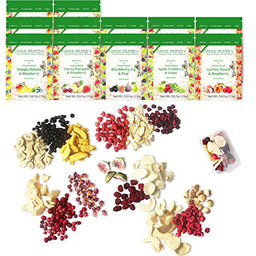 Freeze Dried Fruit: 15 Delicious Fruits Strawberry, Blueberry, Raspberry & More. 8oz 1/2 Pound, 12 Large Bags (0.67oz) the Ultimate Snack Box. Original Green Top Quality (15 Different Fruits, 226.8g)