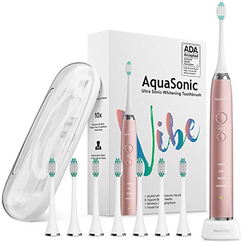 Book Cover AquaSonic Vibe Series Ultra Whitening Pink Electric Toothbrush - 8 Dupont Brush Heads & Travel Case Included - Sonic 40,000 VPM Motor & Wireless Charging - 4 Modes w Smart Timer - Satin Rose Gold