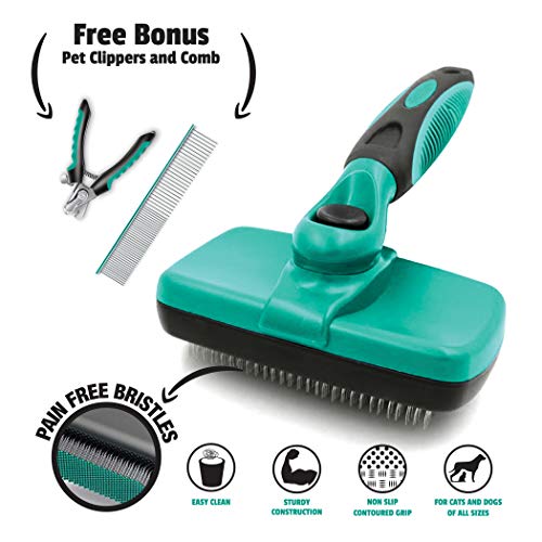 Ruff 'n Ruffus Self-Cleaning Slicker Brush + 2 Free Bonuses | Steel Comb + Pet Nail Clippers |Grooming Supplies Great for All Breeds & Hair Types