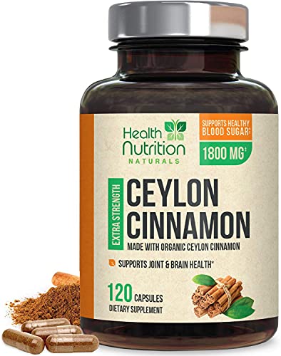 Certified Organic Ceylon Cinnamon (Made with Organic Ceylon Cinnamon) 1800mg - Organic Sri Lanka Ceylon Cinnamon Powder Caps - Made in USA - Best Vegan Blood Sugar Support Supplement - 120 Capsules
