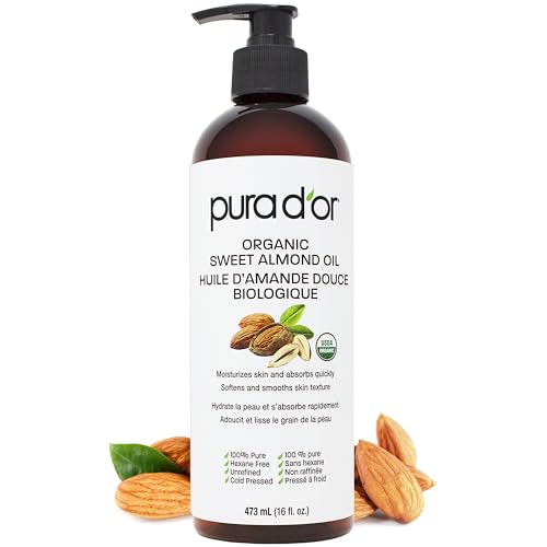 PURA Dâ€™OR Carrier Oil: Organic Sweet Almond Oil (473 mL) USDA Certified Organic 100% Pure & Natural Soothing Oil for Skin & Face