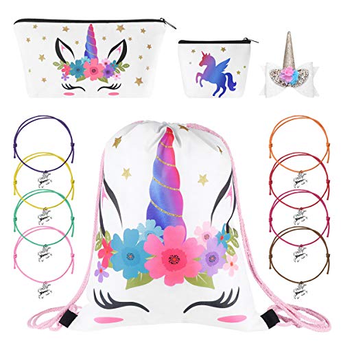Drawstring Bag Unicorn Set Makeup Bag Coin Purse Hair Clip and Bracelets Gifts Set for Kids Party (White)