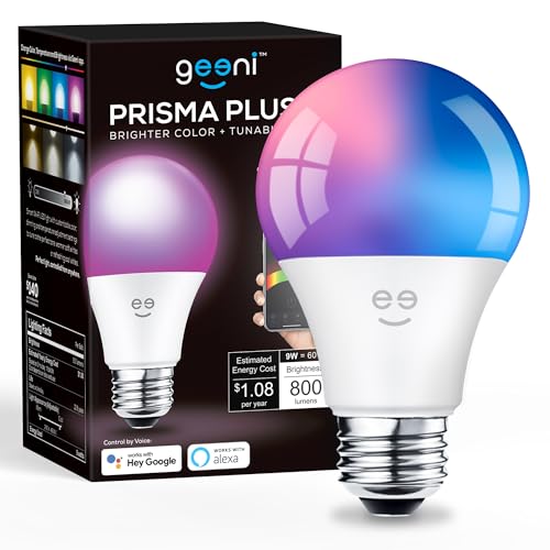 Geeni Multicolor Smart LED Light Bulb, Prisma Plus 800 Smart Light Bulb WiFi Smart Bulb A19 60w Equivalent, Dimmable WiFi Bulb 2700k, No Hub Required, Compatible with Alexa and Google Assistant