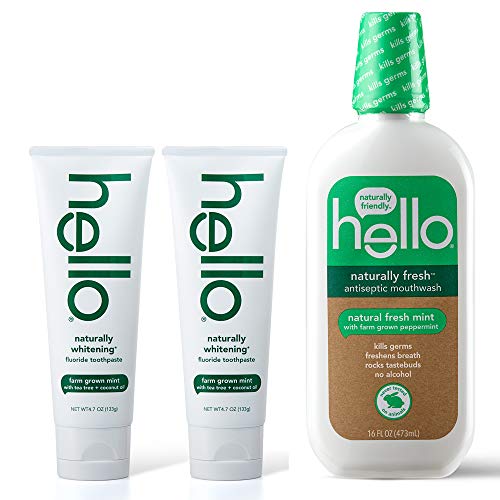 Hello Oral Care Naturally whitening Fluoride Toothpaste Twin Pack + Naturally Fresh Antiseptic mouthwash