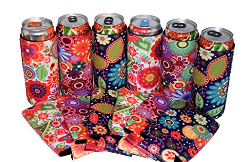 QualityPerfection - 6 Flowers Slim Can Cooler Sleeve - Beer Skinny 12 oz Neoprene Coolie - Compatible with 12 oz Slim Red Bull, Michelob Ultra, Spiked Seltzer,Truly,White Claw (6, Flowers)