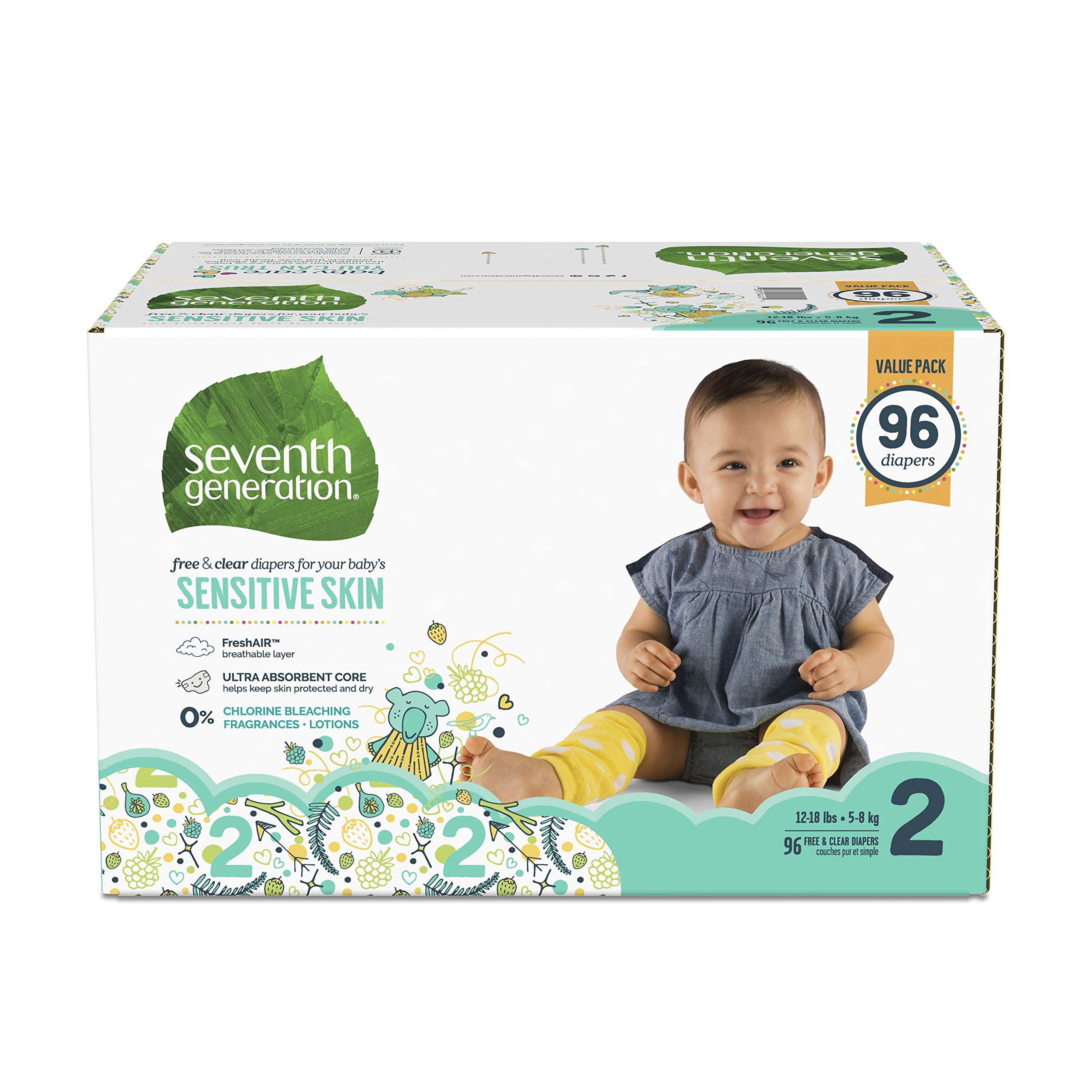 Seventh Generation Baby Diapers for Sensitive Skin, Animal Prints, Size 2, 96 Count